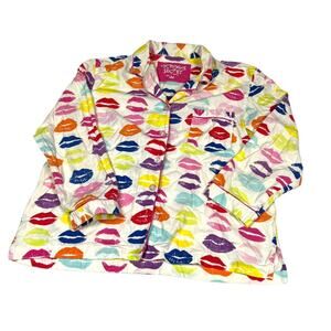 Victoria's Secret Pajama Top Sleep Shirt Multicolor Lipstick Kiss Print Womens L